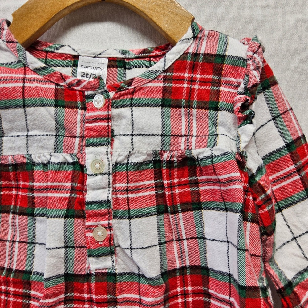 Carter's Plaid Blouse Toddler 2T Red White Green Ruffle Shoulder Holiday Sparkle